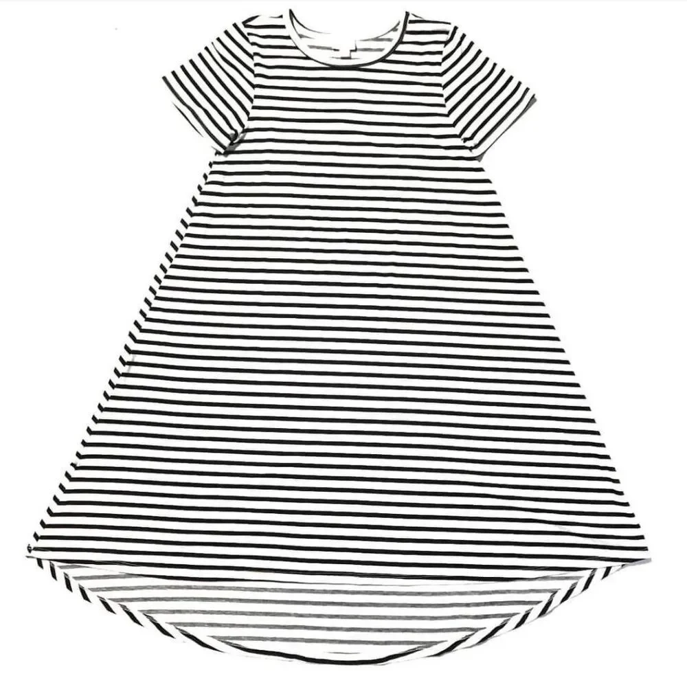 NEW LuLaRoe Medium Carly Black White Striped Swing‎ Dress High Low Flowy
